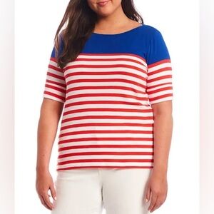 Lauren Ralph Lauren Womens Size 1X XL Red White Blue Stripe Boat Neck Top Preppy